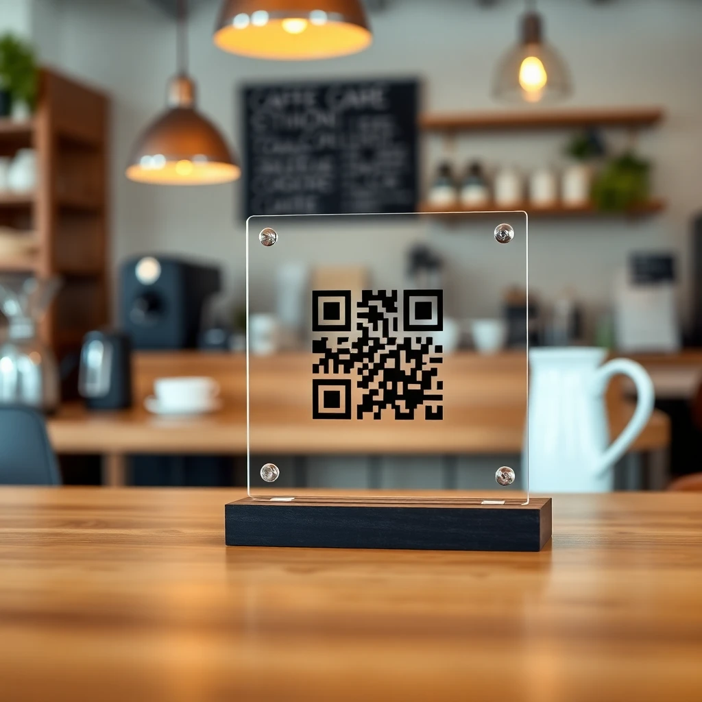 A QR code sign on a cafe counter used for customer check-ins.